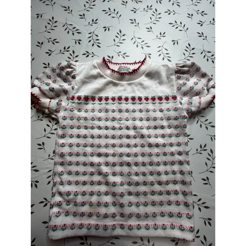 Vintage 70s rare Health-tex Toddler Girls 3T Strawberry Knit Top Puff Sleeve USA
